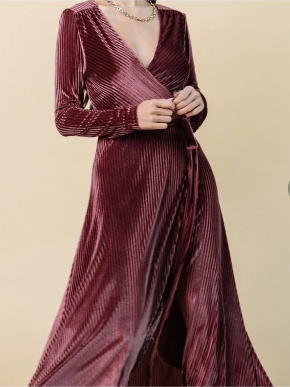 Baltic Born Burgundy Romantic Ribbed Velvet LongSleeve V-neck Wrap Maxi Dress XL - Picture 12 of 13
